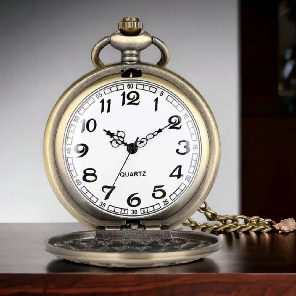 Farmer Bronze Pocket Watch Chained Pendant Retro Quartz Analog Gift Pouch